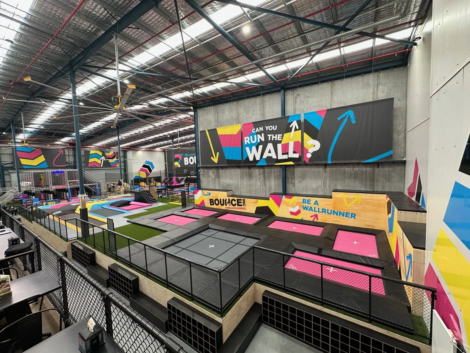 Bounce Inc wall-running zone at Homebush fitted with Mr Trampoline performance beds